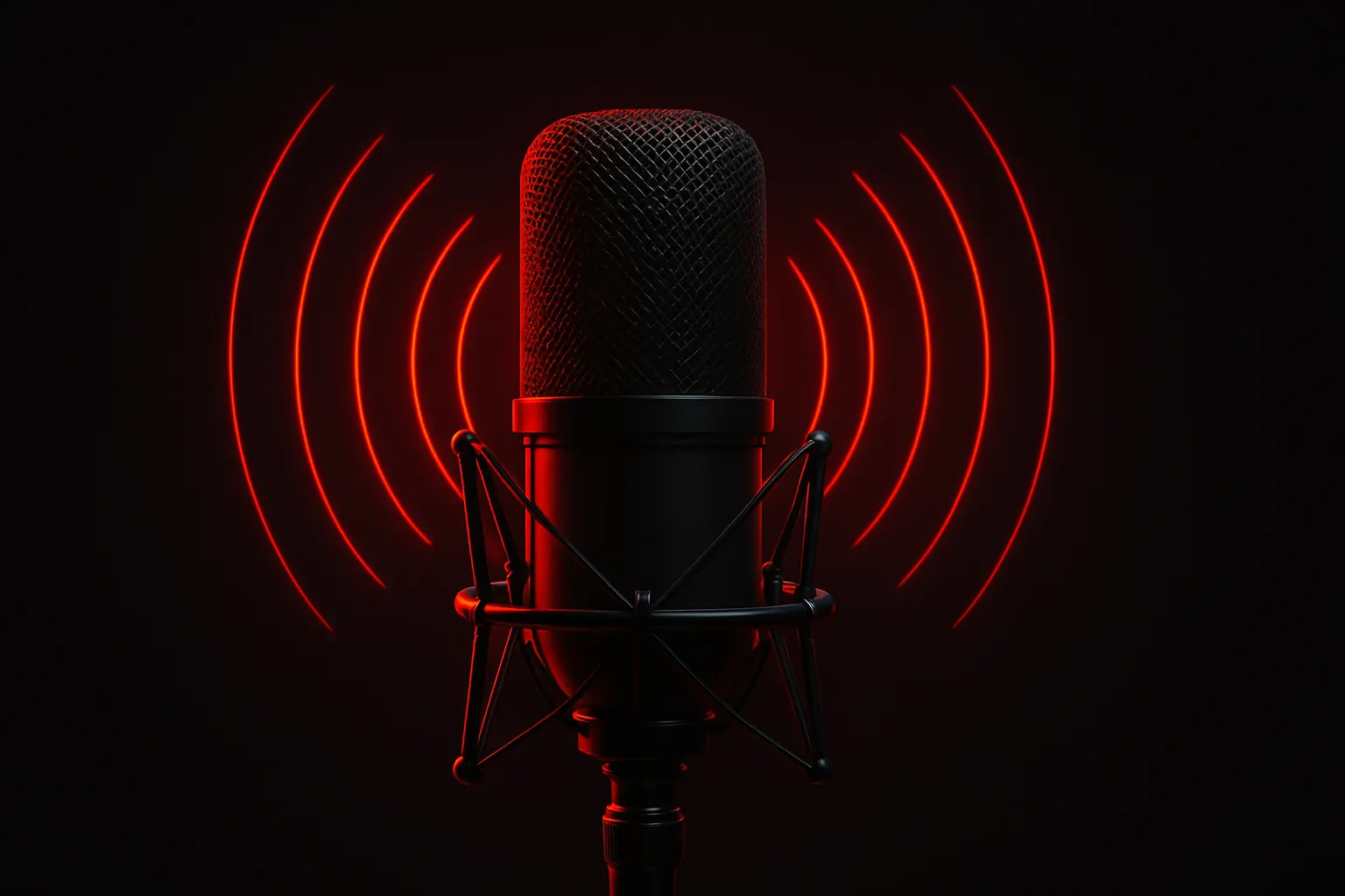Ilustração de um microfone de estúdio de rádio com ondas sonoras vermelhas