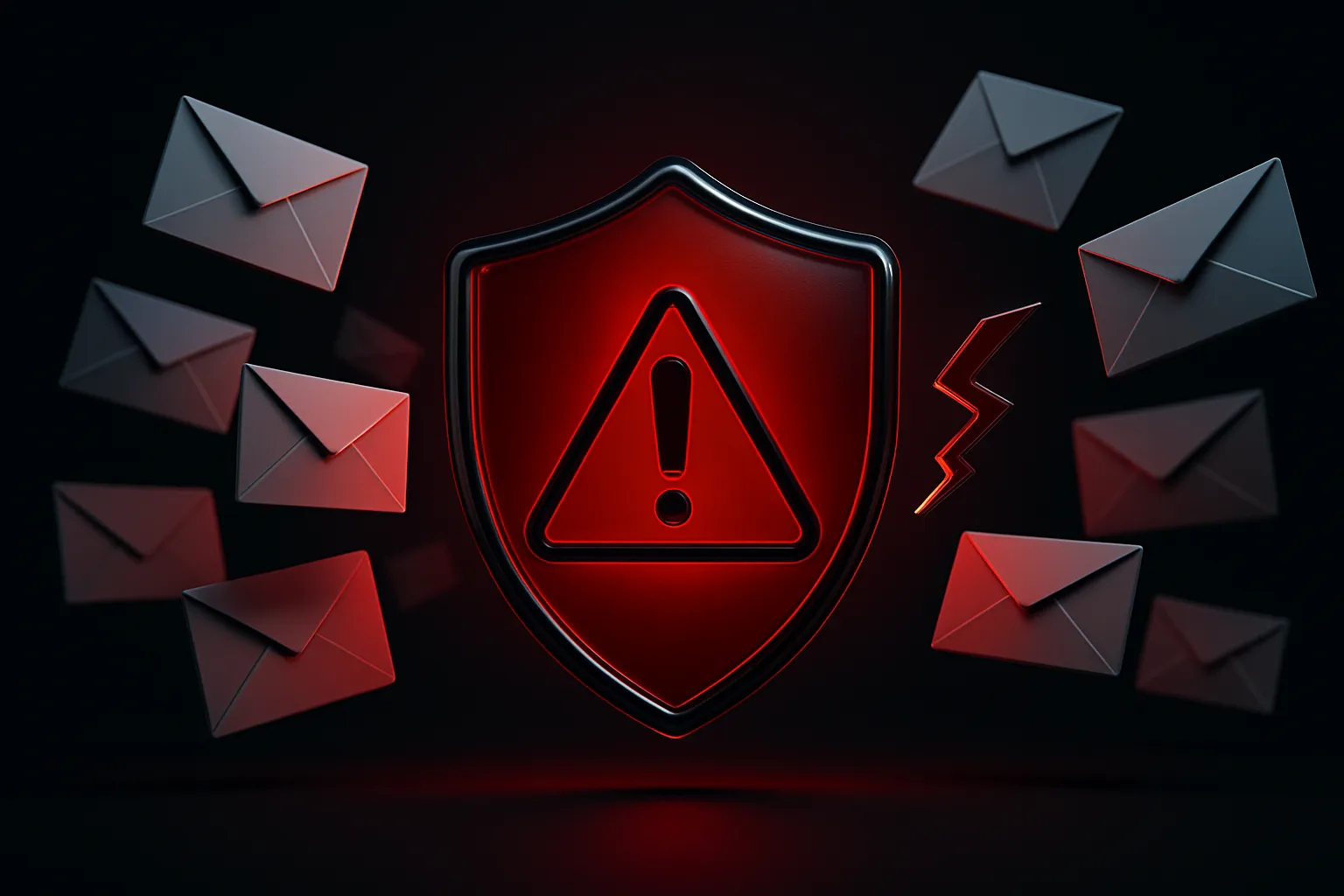 Ilustração de um escudo vermelho de alerta bloqueando uma rajada de envelopes de mensagem idênticos