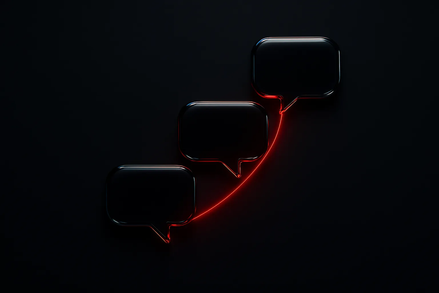 Ilustração de três bolhas de conversa em sequência ascendente ligadas por um fio vermelho, como retomadas no tempo certo