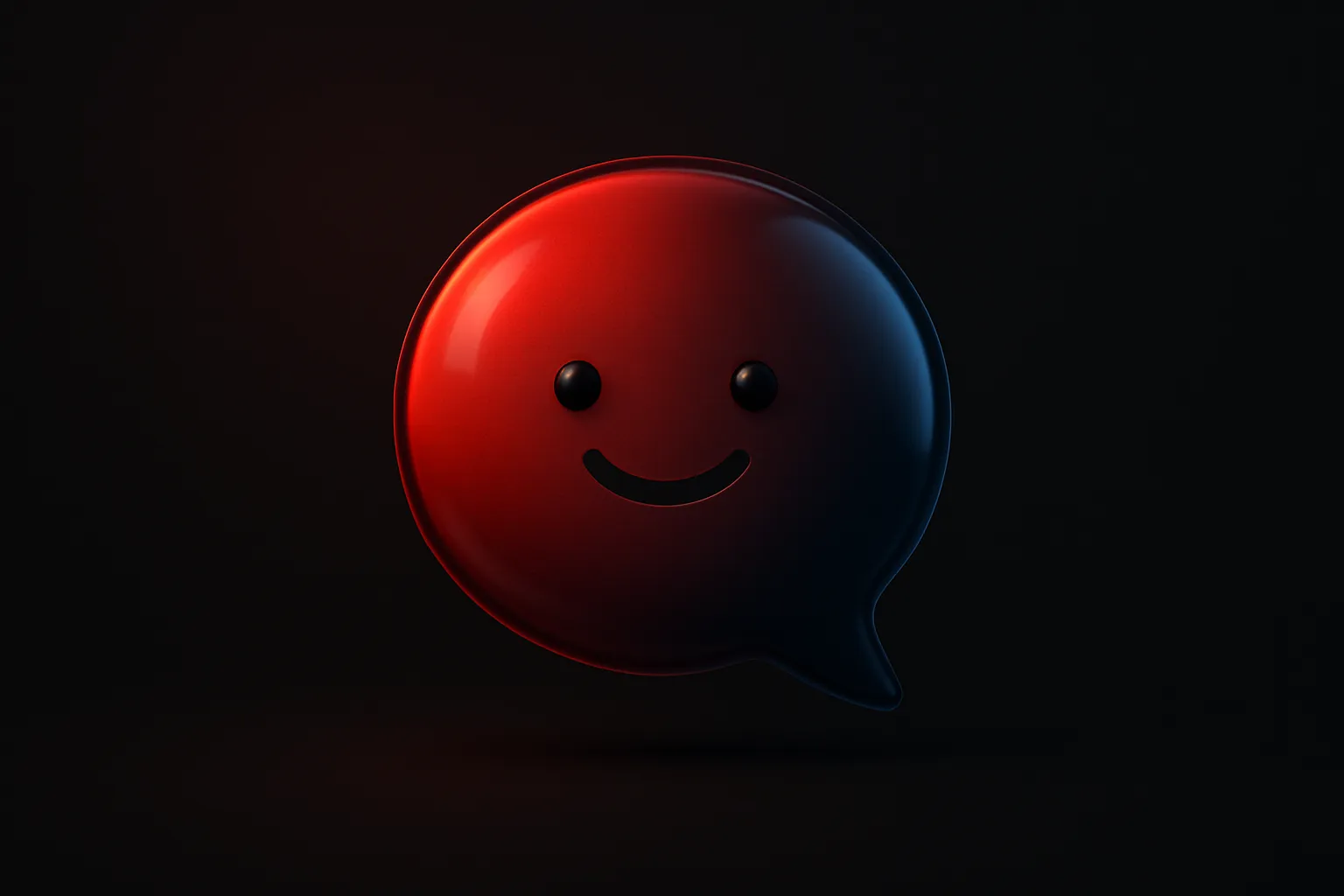 Ilustração de uma esfera de IA em gradiente vermelho e azul se transformando suavemente em uma bolha de conversa, acolhedora