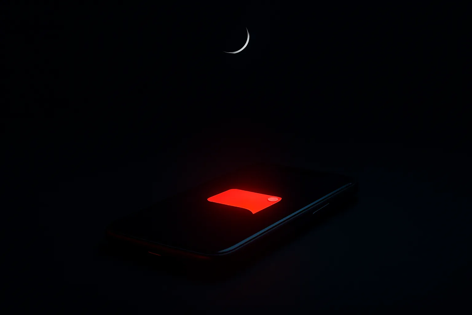 Ilustração de um celular aceso sozinho no escuro sob uma lua, com uma bolha de mensagem não lida em vermelho
