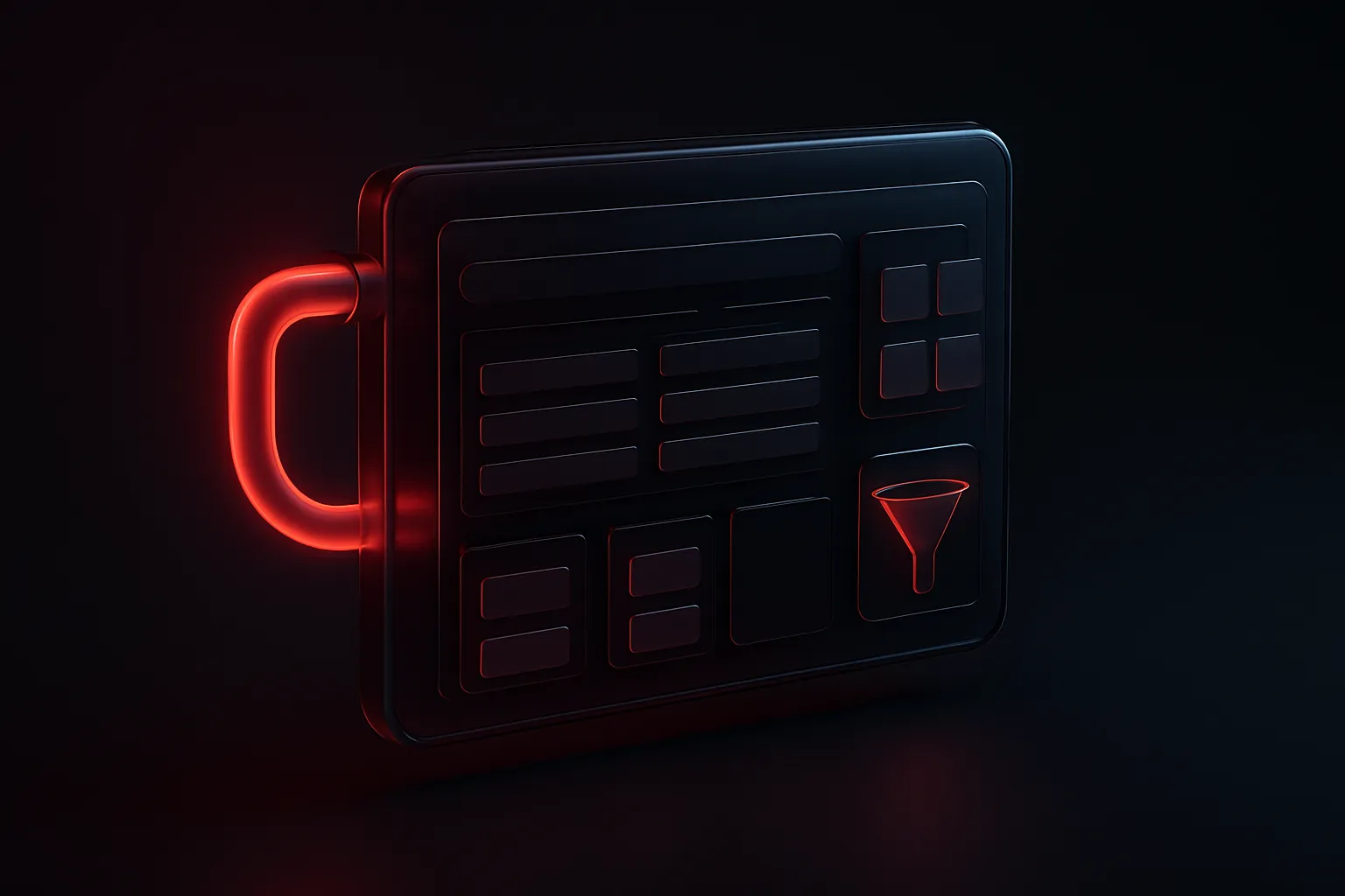Ilustração de um painel de CRM escuro em holograma com um fluxo de dados vermelho e cards organizados