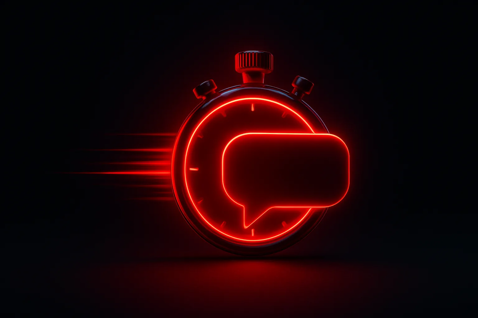 Ilustração de um cronômetro vermelho fundido a uma bolha de conversa, representando resposta instantânea